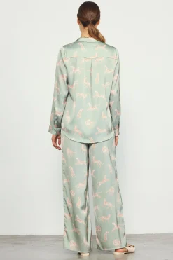 SKIES ARE BLUE Pants*Cheetah Print Satin Long Pants Sage