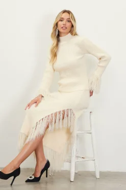 SKIES ARE BLUE Skirts*Clio Feathered Fringe Asymmetrical Skirt Cream