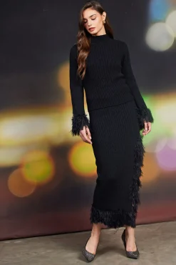 SKIES ARE BLUE Sweaters*Clio Feathered Fringe Mock Neck Sweater Black
