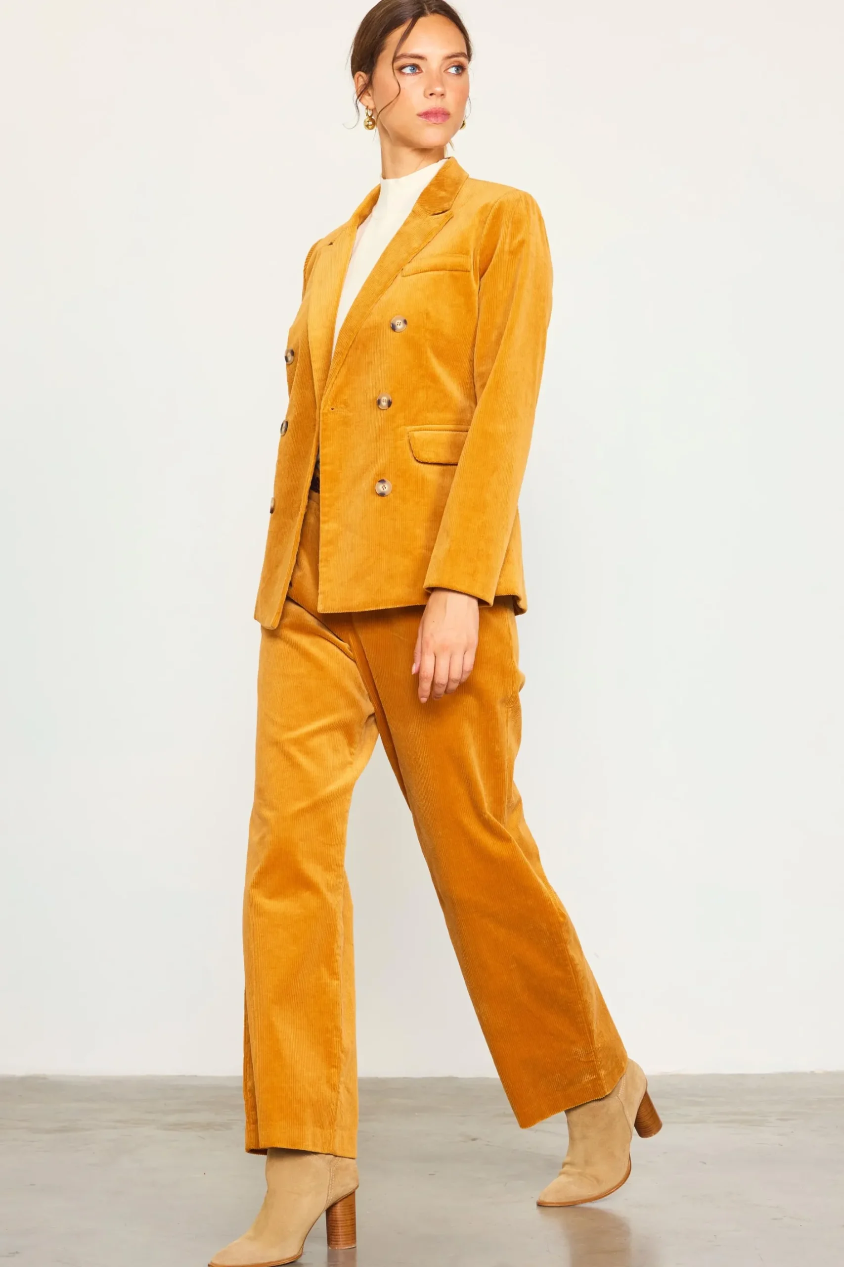 SKIES ARE BLUE Blazers*Corduroy Double Breasted Blazer Mustard