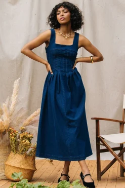 SKIES ARE BLUE Maxi Dresses*Corset Denim Pleated Dress Indigo