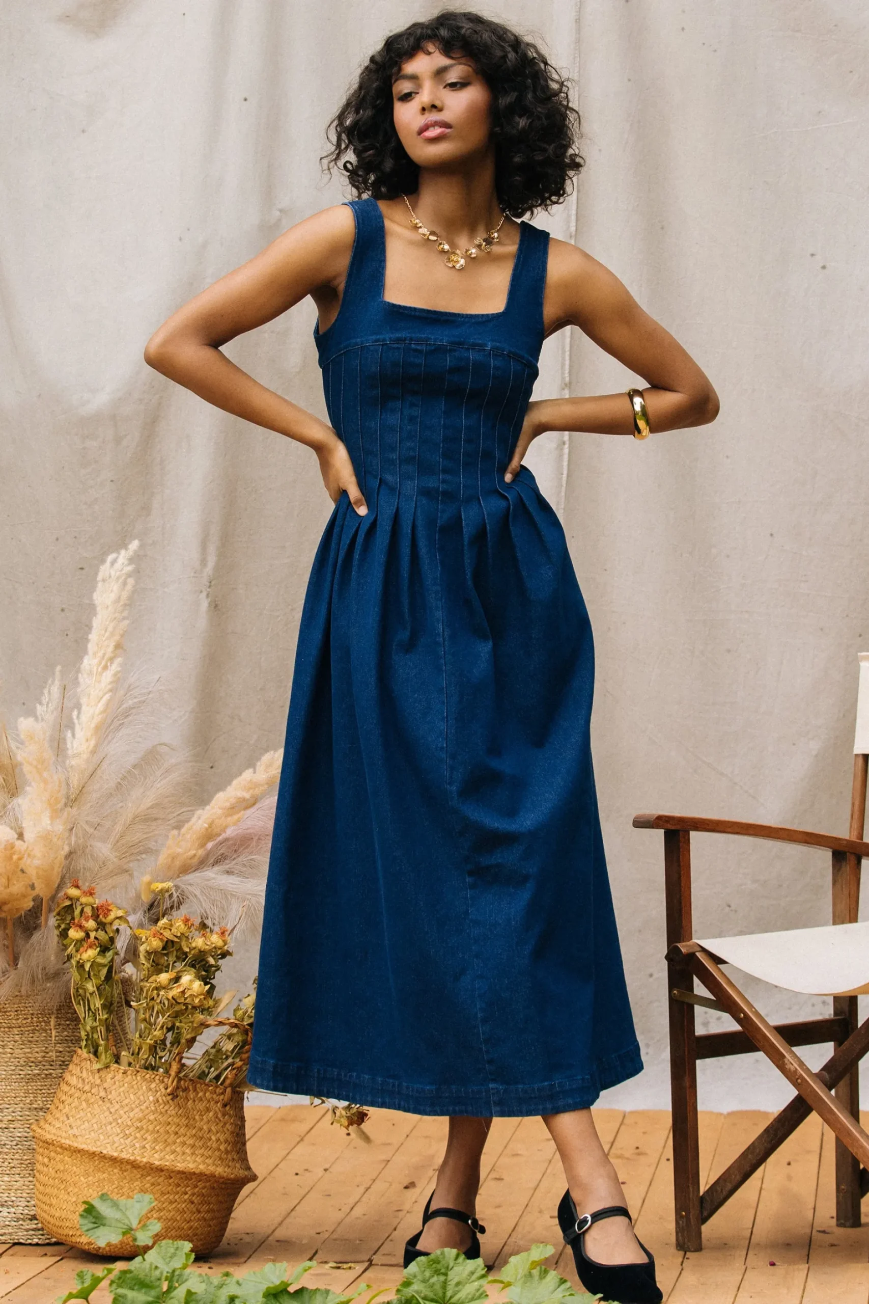 SKIES ARE BLUE Maxi Dresses*Corset Denim Pleated Dress Indigo