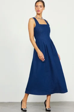 SKIES ARE BLUE Maxi Dresses*Corset Denim Pleated Dress Indigo