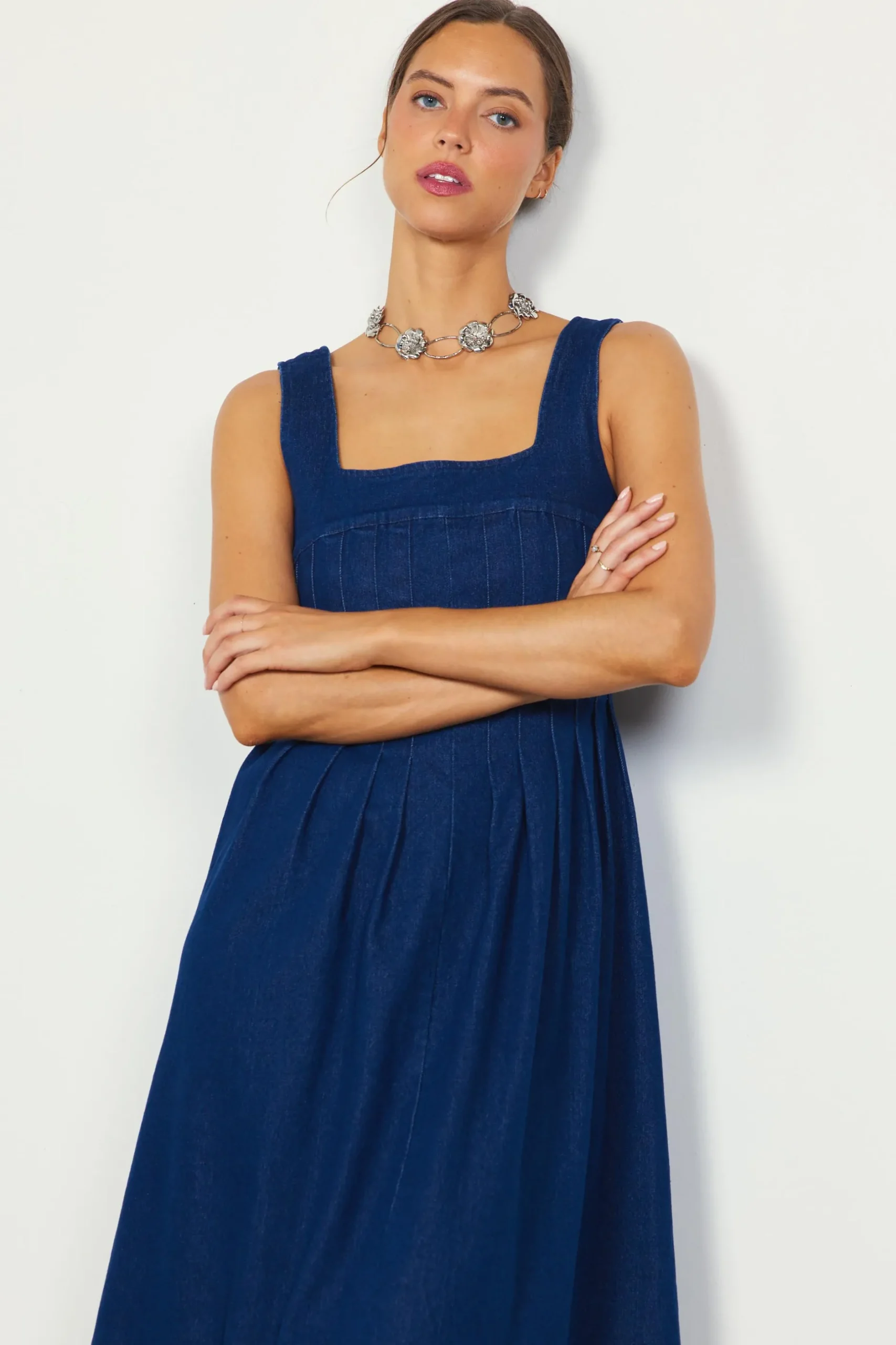 SKIES ARE BLUE Maxi Dresses*Corset Denim Pleated Dress Indigo