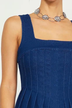 SKIES ARE BLUE Maxi Dresses*Corset Denim Pleated Dress Indigo