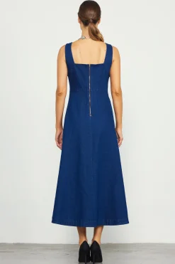 SKIES ARE BLUE Maxi Dresses*Corset Denim Pleated Dress Indigo