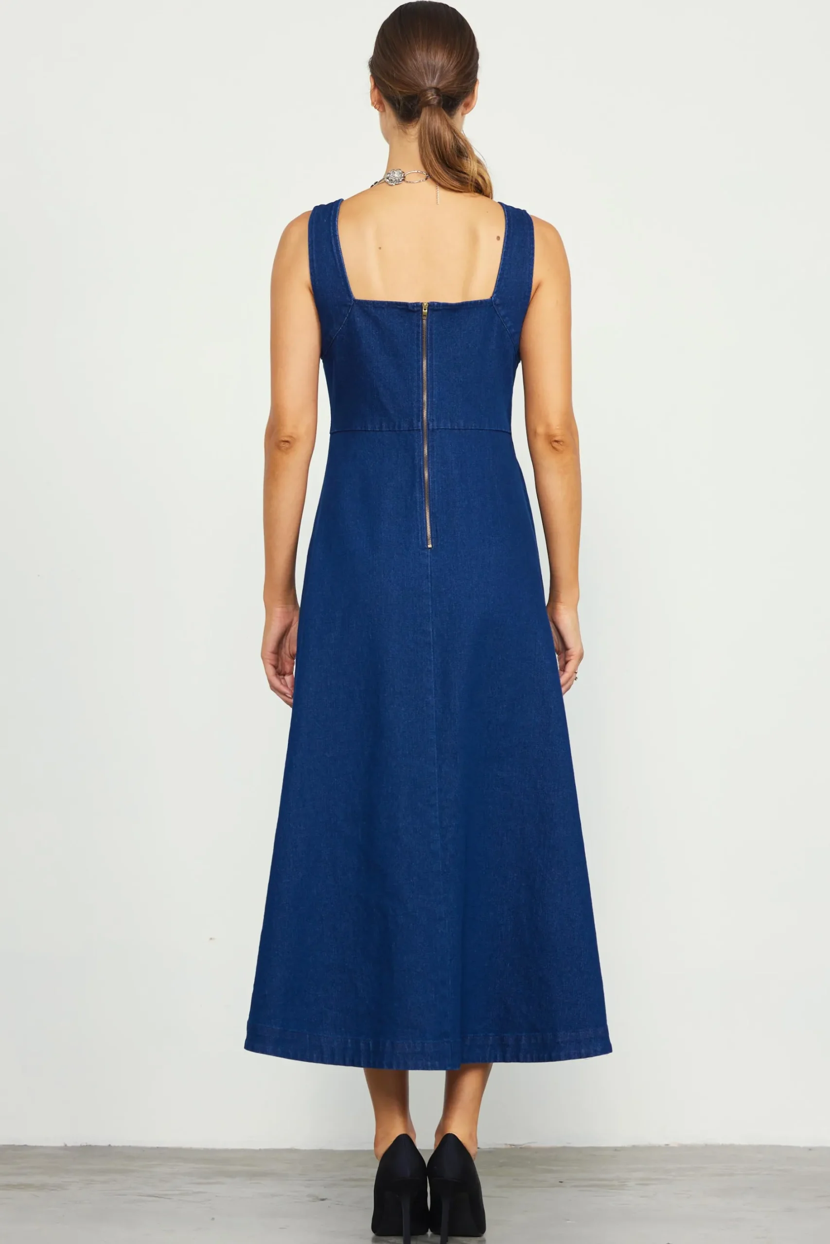 SKIES ARE BLUE Maxi Dresses*Corset Denim Pleated Dress Indigo