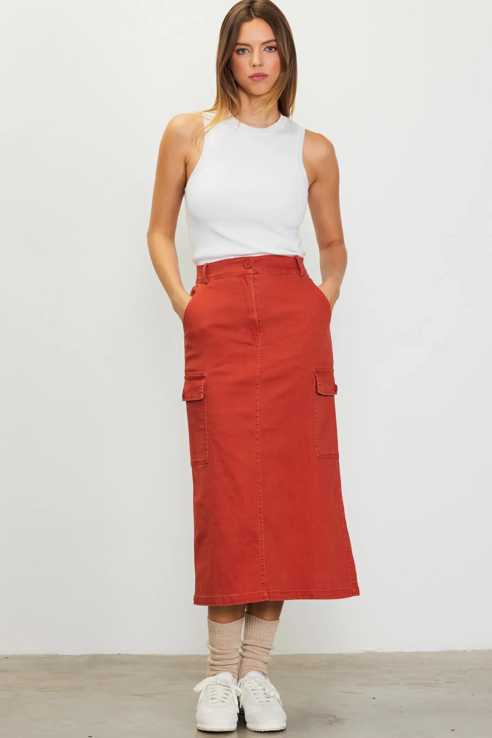 SKIES ARE BLUE Skirts*Cotton Twill Cargo Skirt Rust
