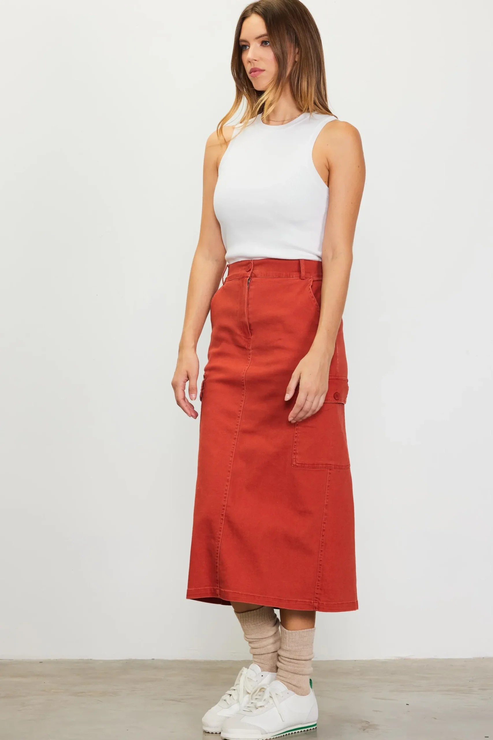 SKIES ARE BLUE Skirts*Cotton Twill Cargo Skirt Rust
