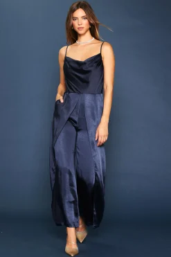 SKIES ARE BLUE Jumpsuits*Cowl Neckline Satin Jumpsuit Navy