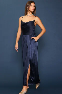 SKIES ARE BLUE Jumpsuits*Cowl Neckline Satin Jumpsuit Navy