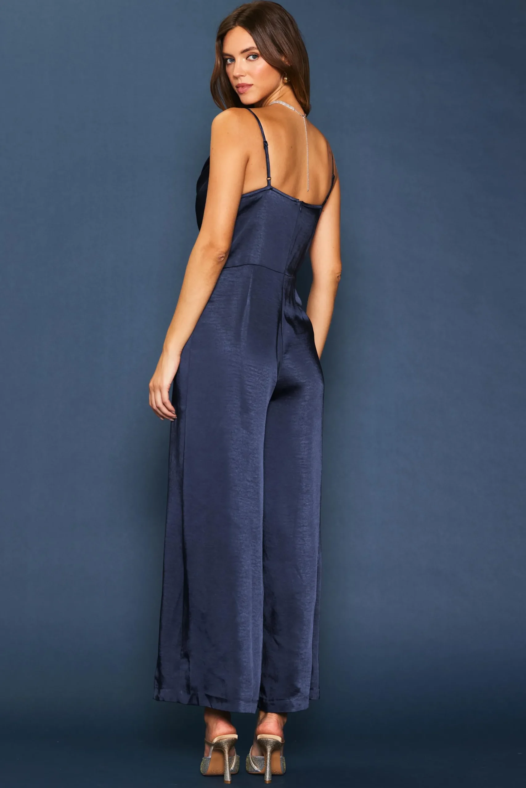SKIES ARE BLUE Jumpsuits*Cowl Neckline Satin Jumpsuit Navy