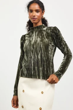 SKIES ARE BLUE Long Sleeve Tops*Crinkled Velvet Mock Neck Top Astrogreen