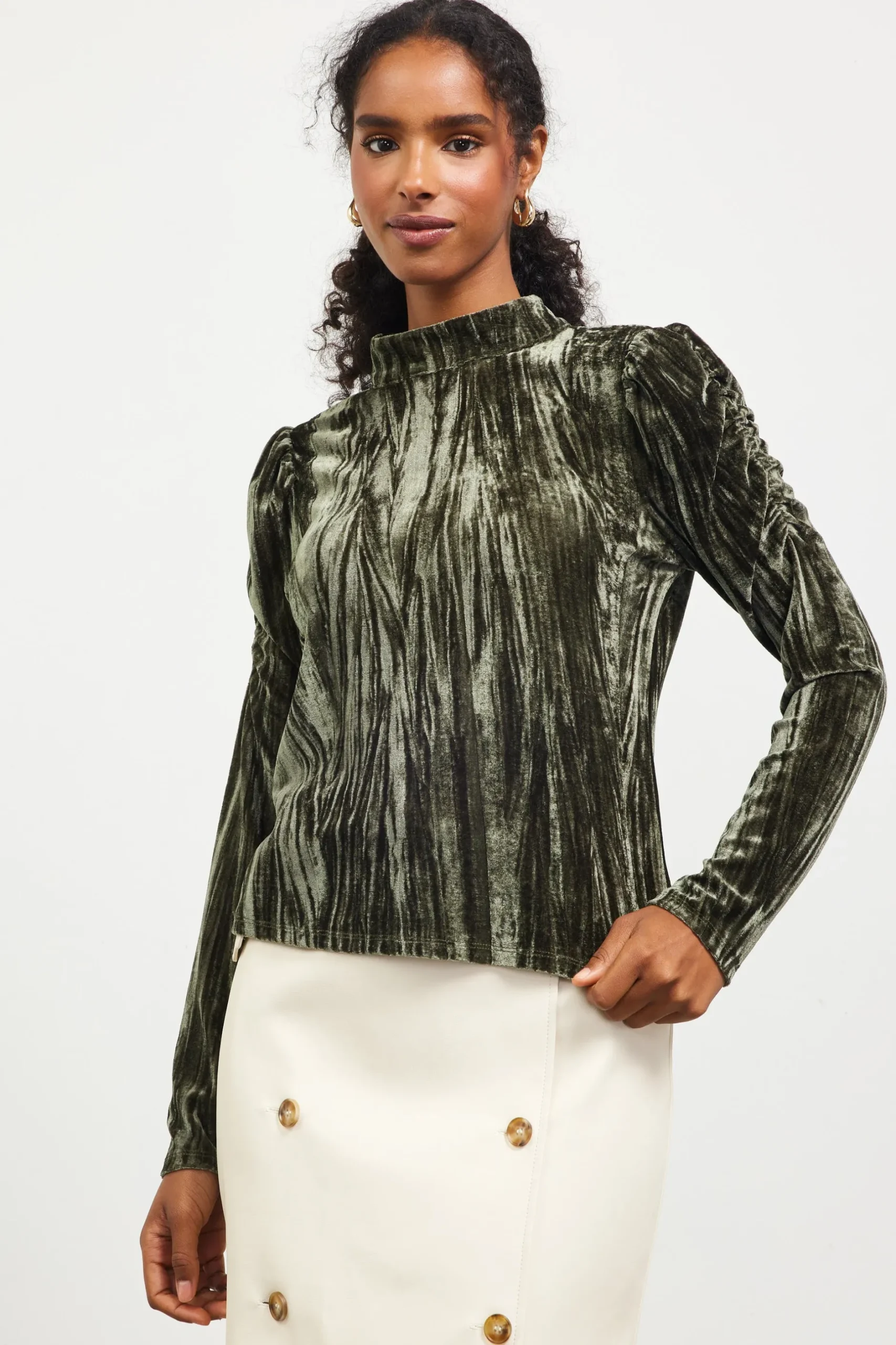 SKIES ARE BLUE Long Sleeve Tops*Crinkled Velvet Mock Neck Top Astrogreen
