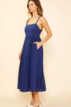 SKIES ARE BLUE Midi Dresses*Criss Cross Back Tie Midi Dress Navy