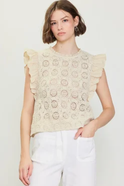 SKIES ARE BLUE Sleeveless Tops*Crochet Flutter Sleeve Top Natural