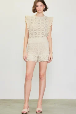 SKIES ARE BLUE Sleeveless Tops*Crochet Flutter Sleeve Top Natural