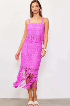 SKIES ARE BLUE Skirts*Crochet Midi Skirt with Fringe Detail Roseviolet