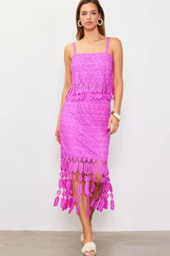 SKIES ARE BLUE Skirts*Crochet Midi Skirt with Fringe Detail Roseviolet
