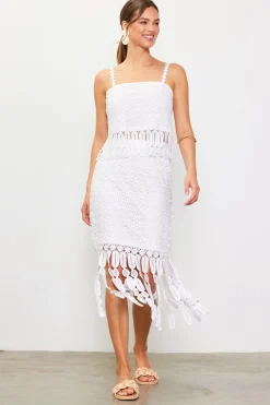 SKIES ARE BLUE Skirts*Crochet Midi Skirt with Fringe Detail Offwhite