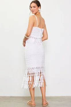 SKIES ARE BLUE Skirts*Crochet Midi Skirt with Fringe Detail Offwhite