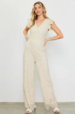 SKIES ARE BLUE Jumpsuits*Crochet Ruffled Sleeve Jumpsuit Ivory