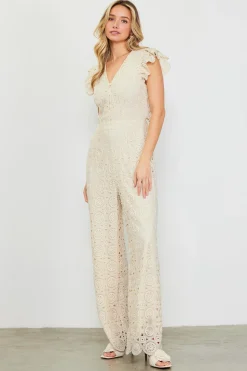 SKIES ARE BLUE Jumpsuits*Crochet Ruffled Sleeve Jumpsuit Ivory