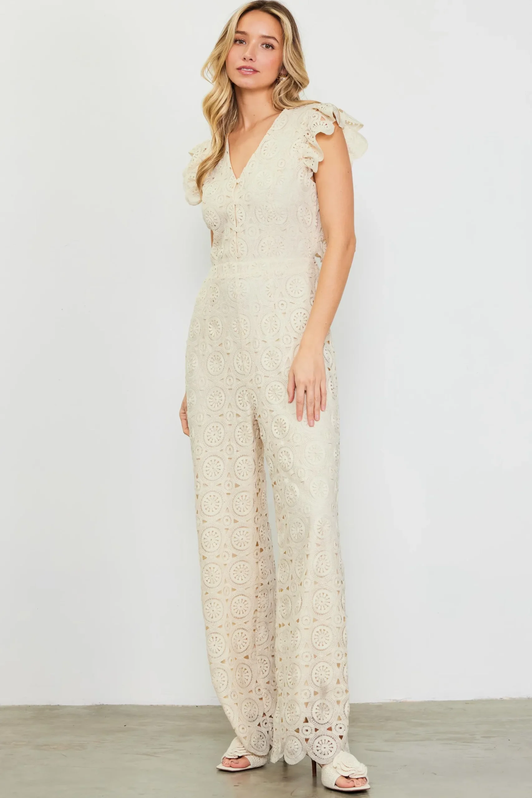 SKIES ARE BLUE Jumpsuits*Crochet Ruffled Sleeve Jumpsuit Ivory