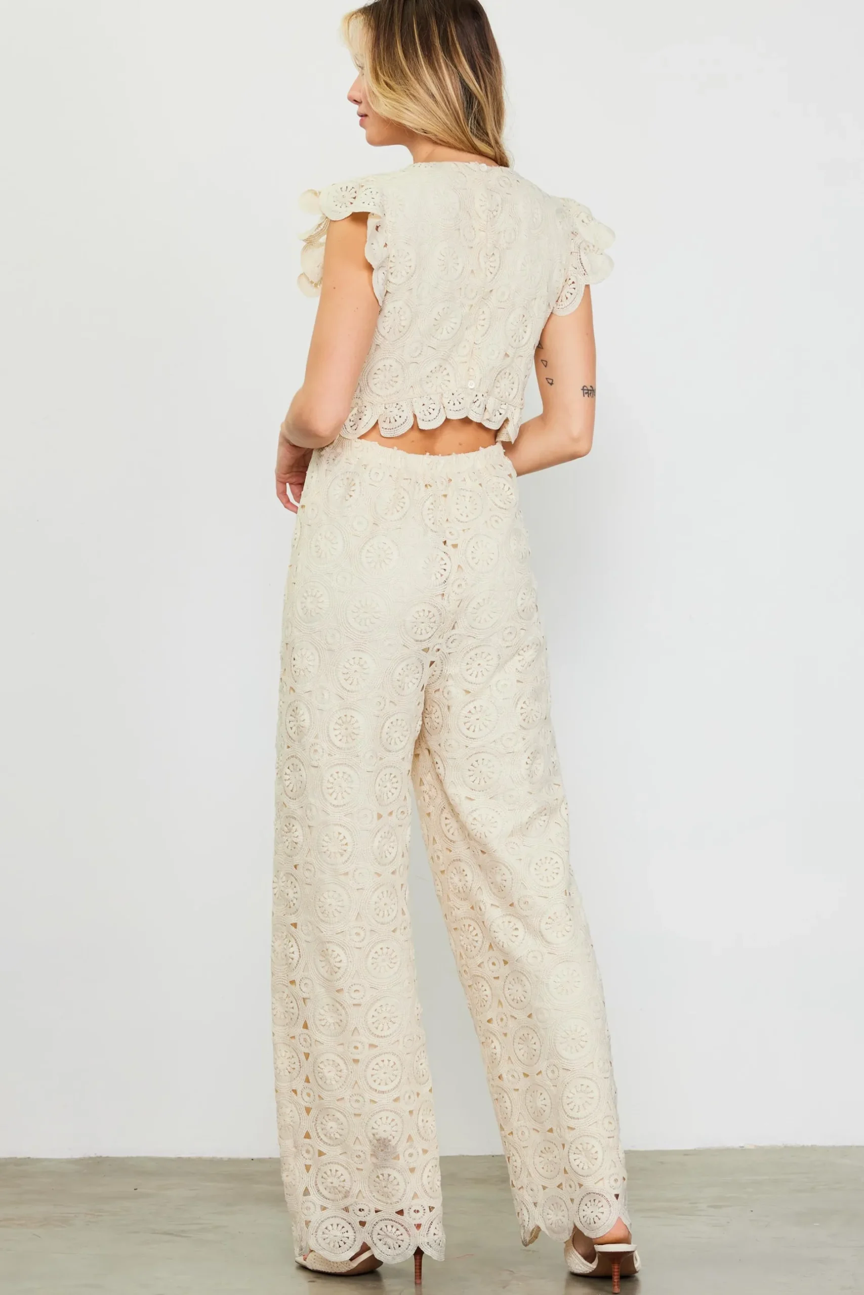 SKIES ARE BLUE Jumpsuits*Crochet Ruffled Sleeve Jumpsuit Ivory