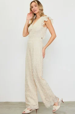 SKIES ARE BLUE Jumpsuits*Crochet Ruffled Sleeve Jumpsuit Ivory