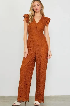 SKIES ARE BLUE Jumpsuits*Crochet Ruffled Sleeve Jumpsuit Tuscantan