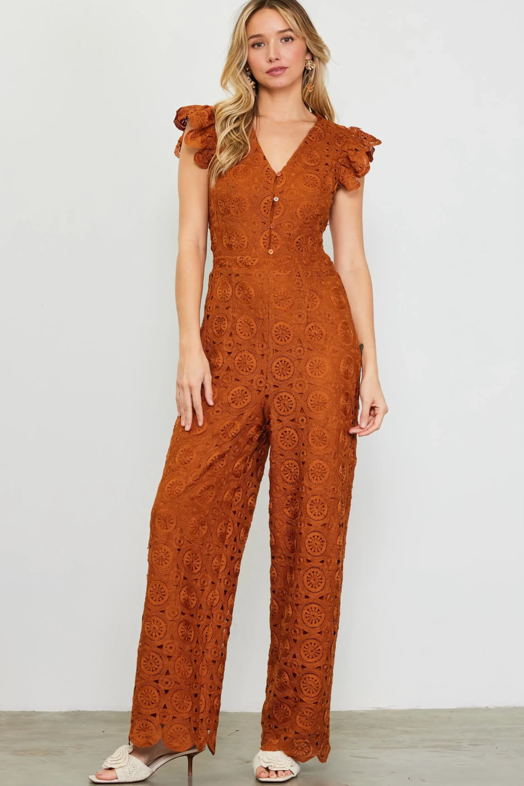 SKIES ARE BLUE Jumpsuits*Crochet Ruffled Sleeve Jumpsuit Tuscantan