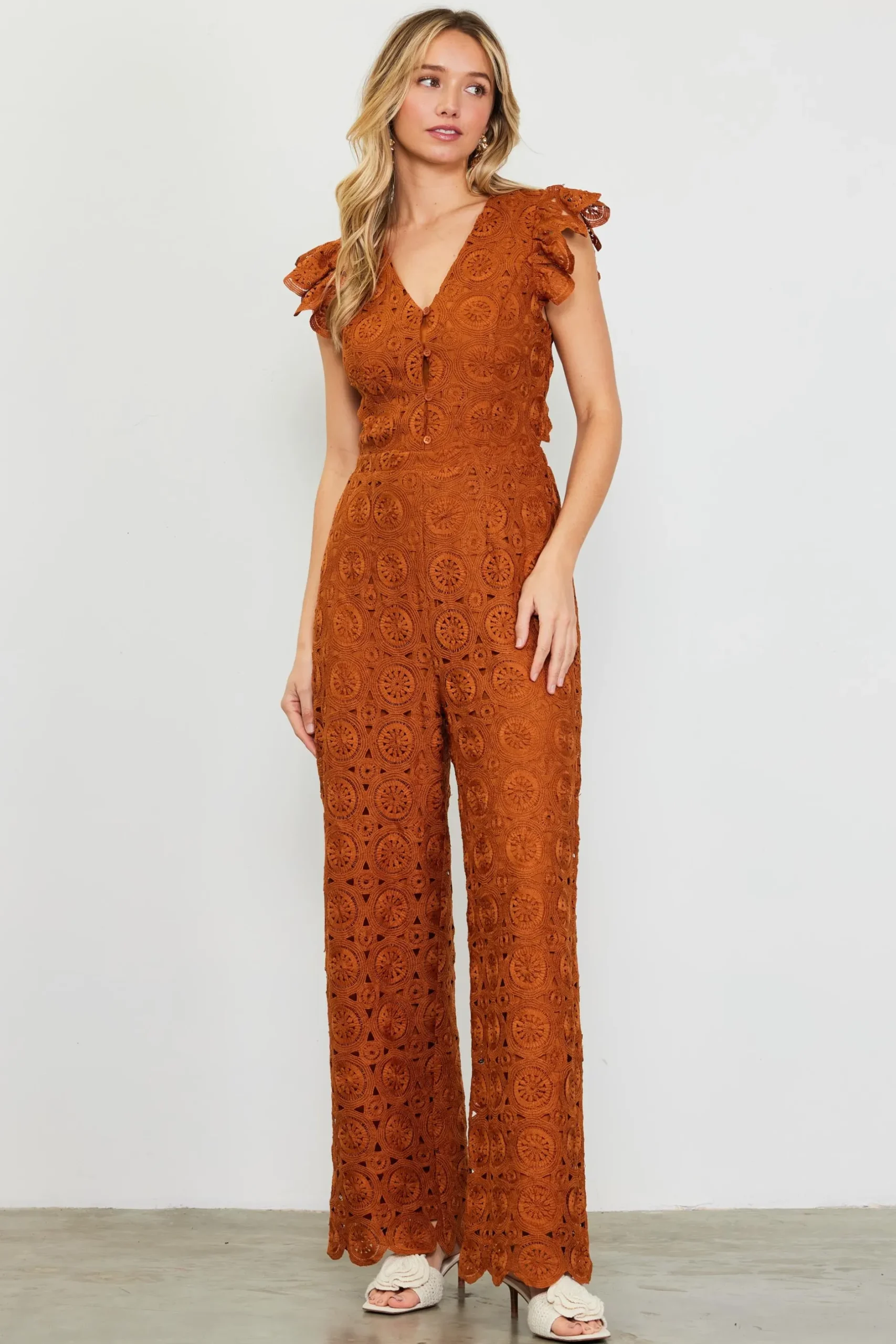 SKIES ARE BLUE Jumpsuits*Crochet Ruffled Sleeve Jumpsuit Tuscantan