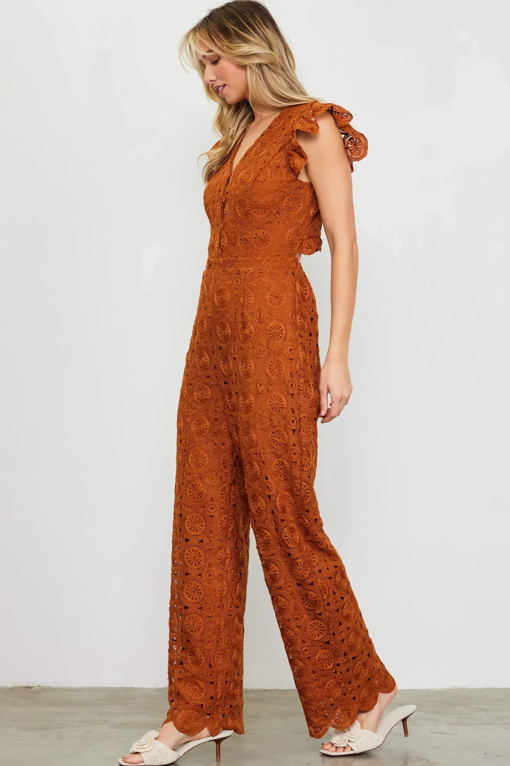 SKIES ARE BLUE Jumpsuits*Crochet Ruffled Sleeve Jumpsuit Tuscantan