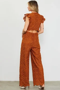SKIES ARE BLUE Jumpsuits*Crochet Ruffled Sleeve Jumpsuit Tuscantan