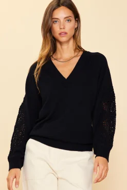 SKIES ARE BLUE Sweaters*Crochet Sleeve Knit Sweater Black