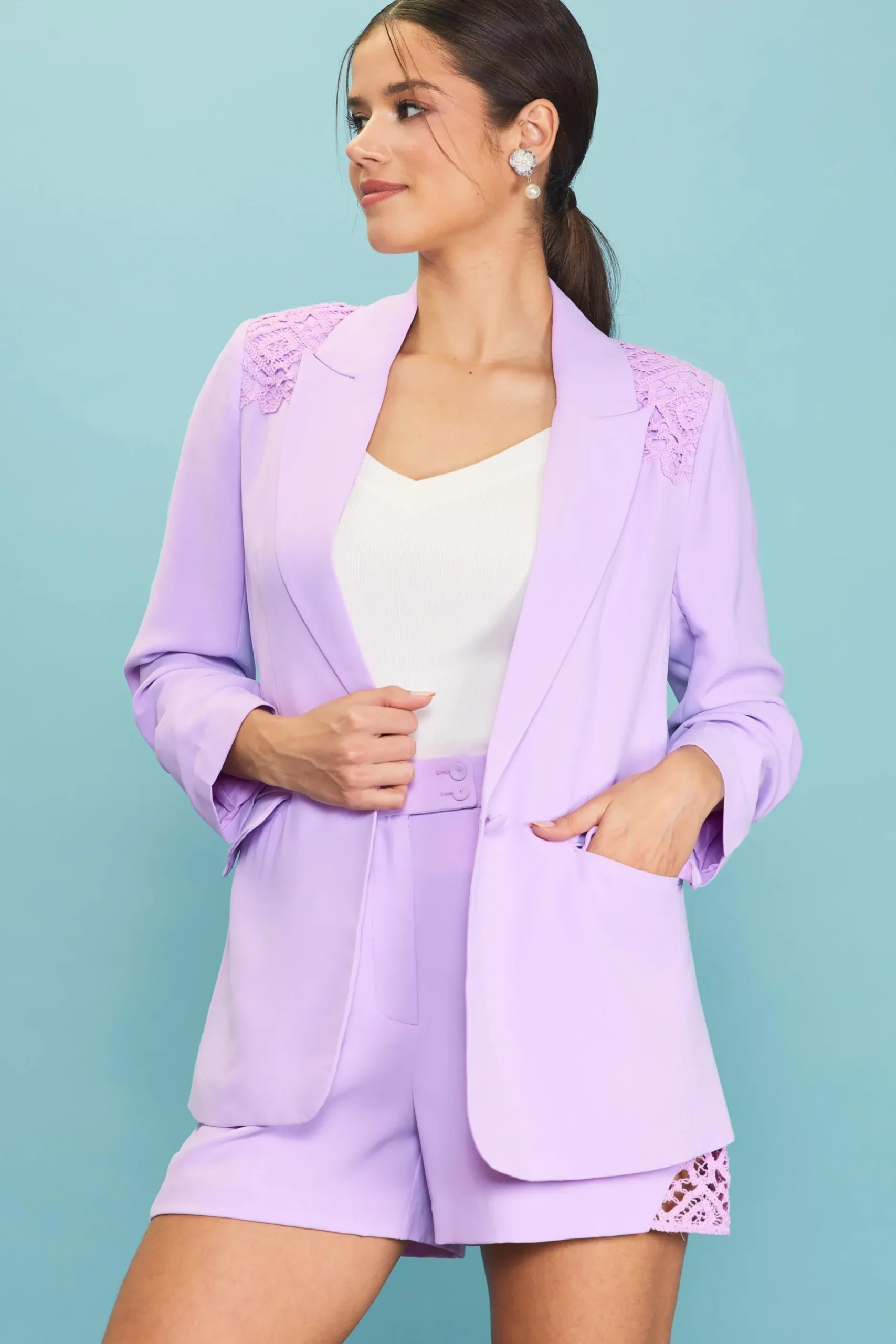 SKIES ARE BLUE Blazers*Crochet Trim Shirred Sleeve Blazer Lavender