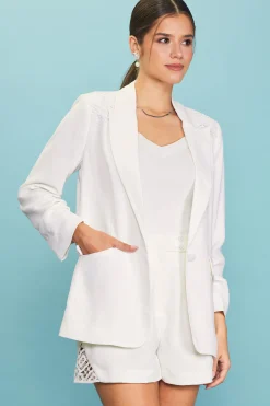 SKIES ARE BLUE Blazers*Crochet Trim Shirred Sleeve Blazer White