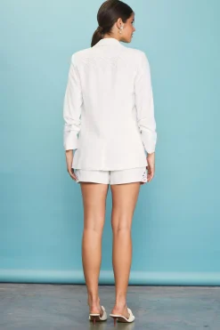 SKIES ARE BLUE Blazers*Crochet Trim Shirred Sleeve Blazer White