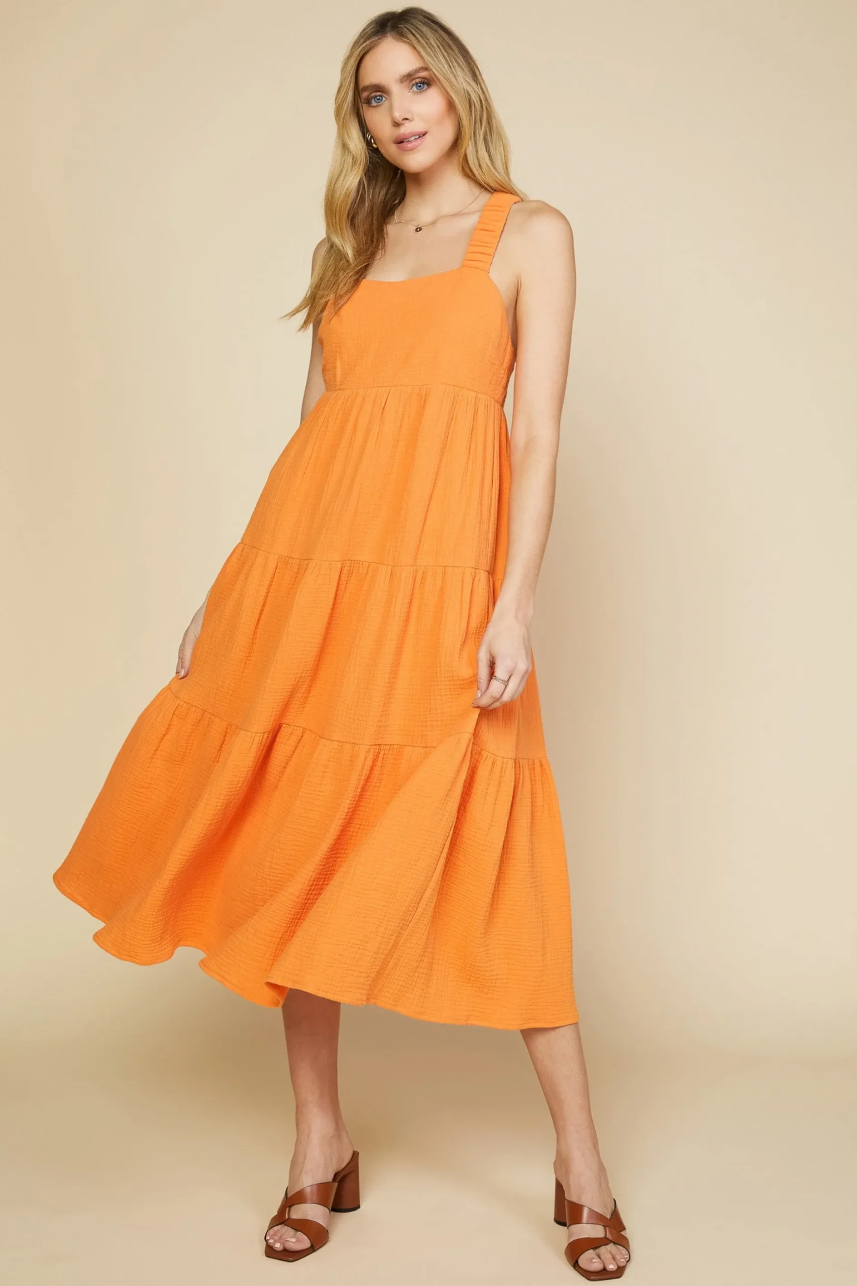 SKIES ARE BLUE Maxi Dresses*Cross Back Tiered Maxi Dress Sunkissedorange