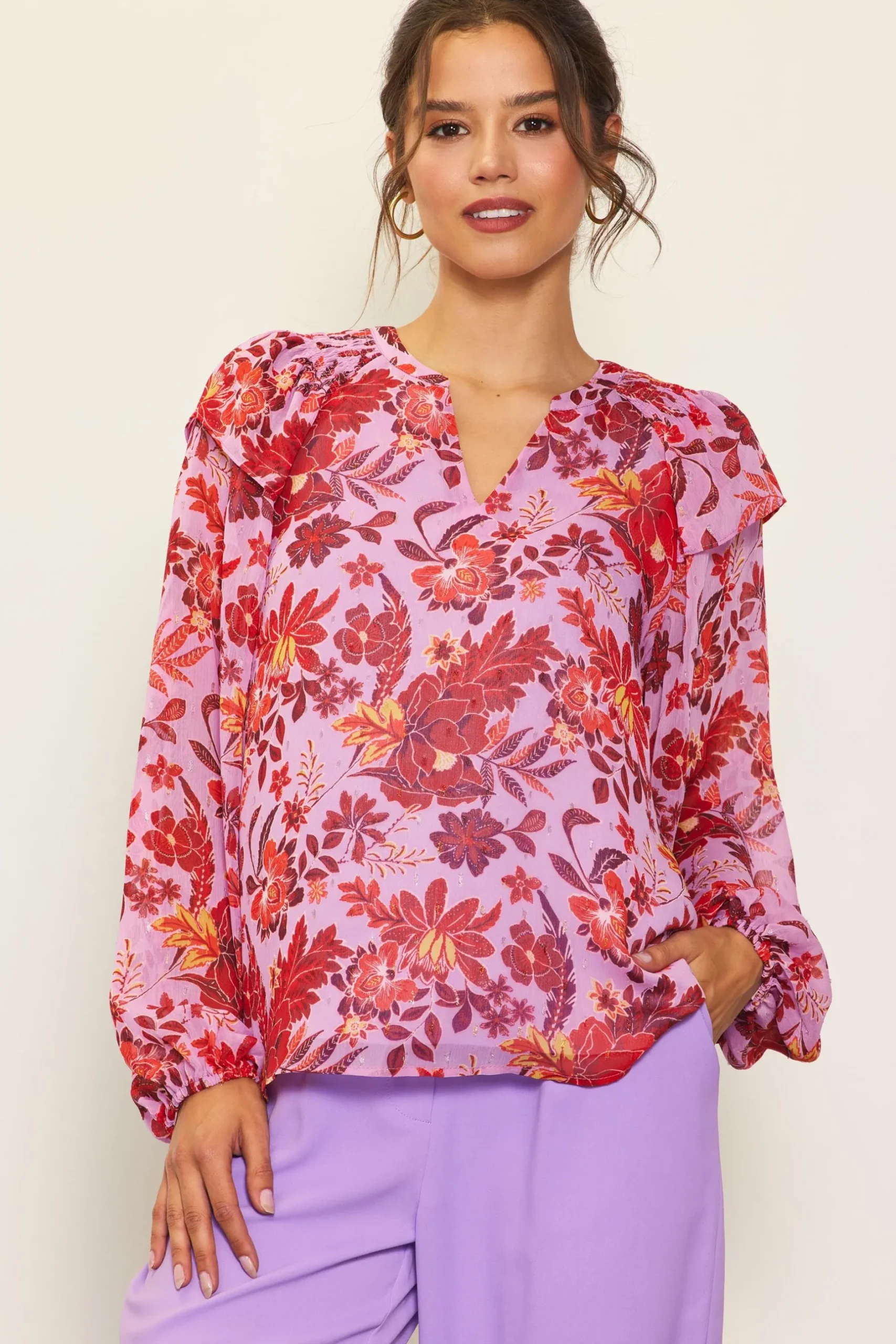 SKIES ARE BLUE Blouses|Long Sleeve Tops*Dahlia Print Longsleeve Blouse Lavender-plum