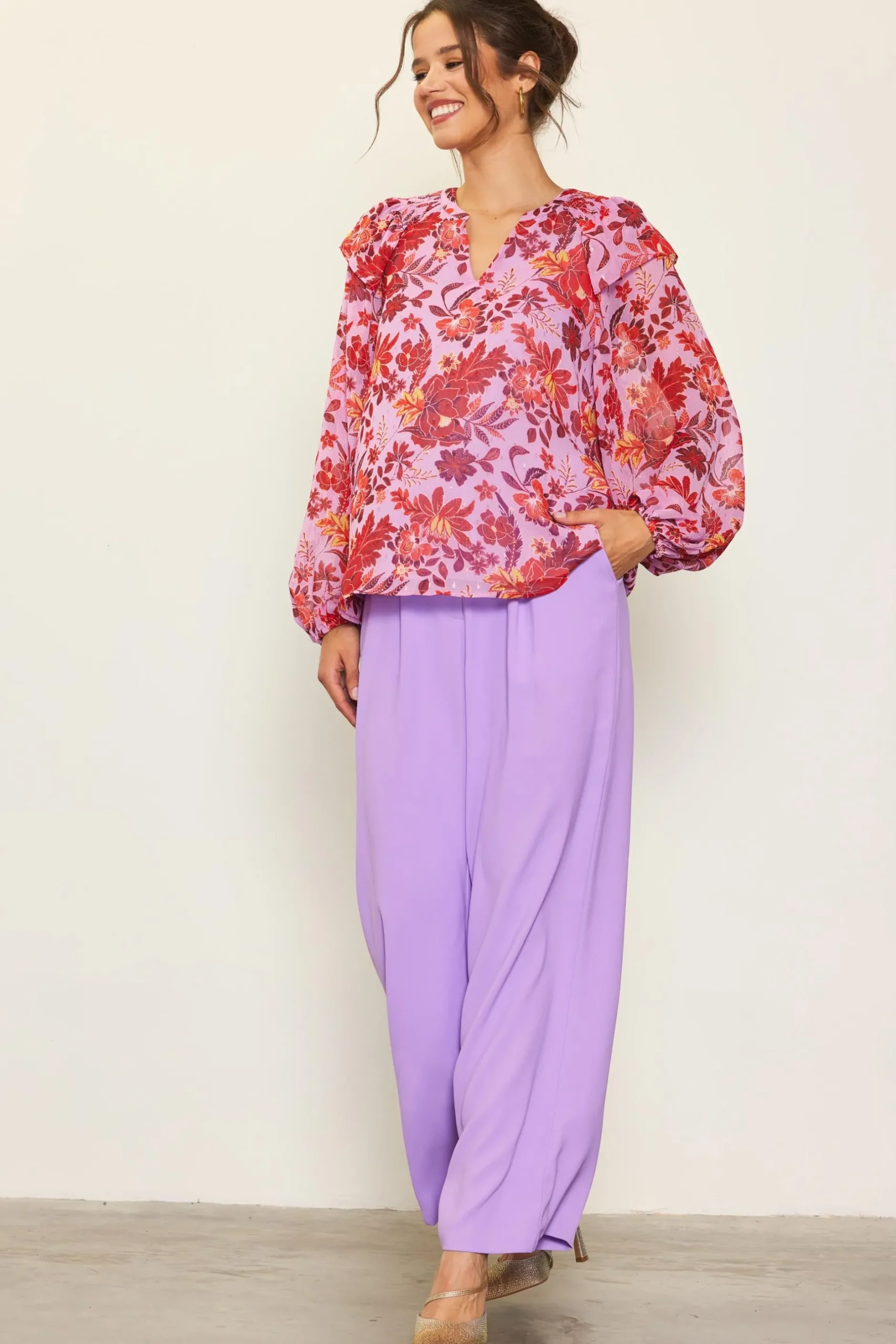 SKIES ARE BLUE Blouses|Long Sleeve Tops*Dahlia Print Longsleeve Blouse Lavender-plum