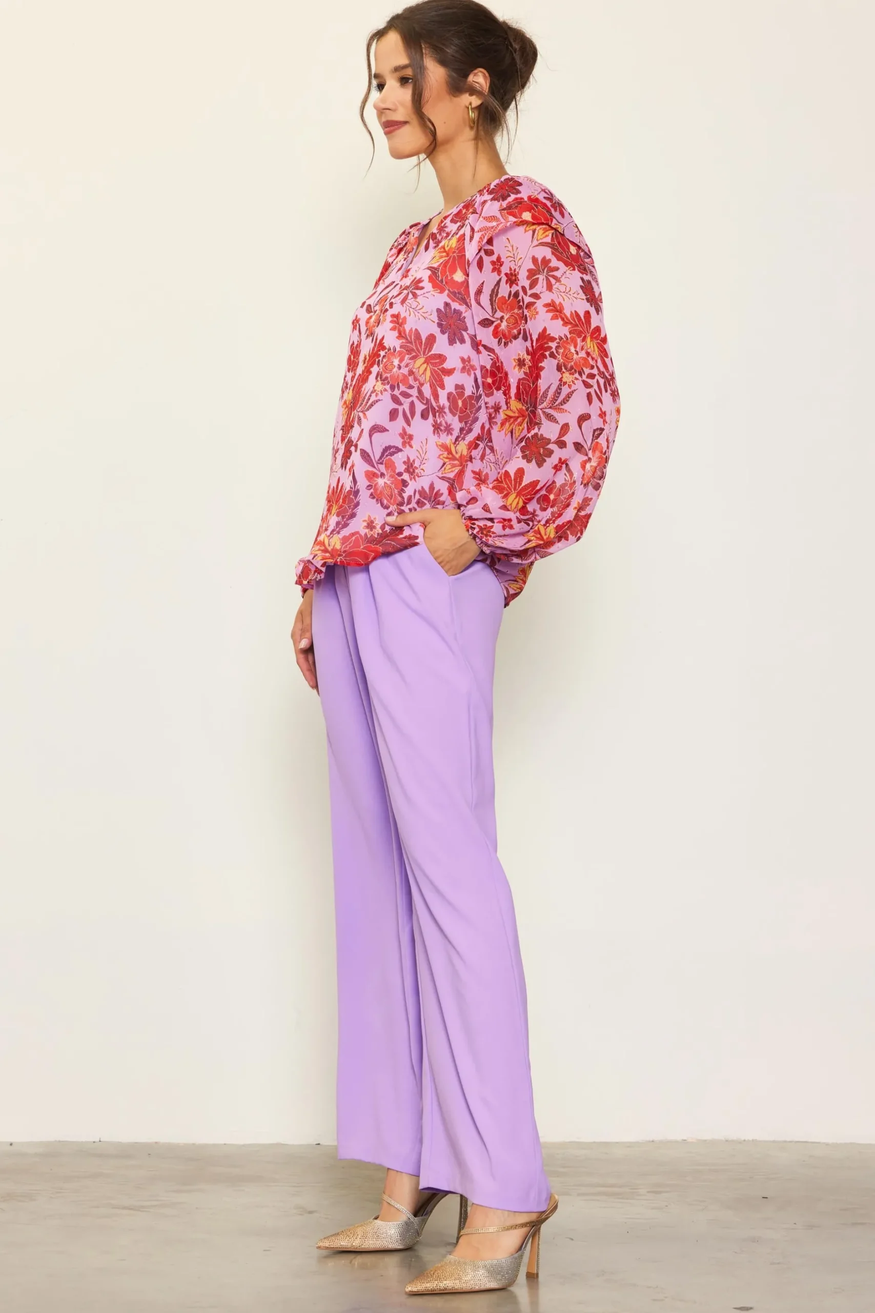 SKIES ARE BLUE Blouses|Long Sleeve Tops*Dahlia Print Longsleeve Blouse Lavender-plum