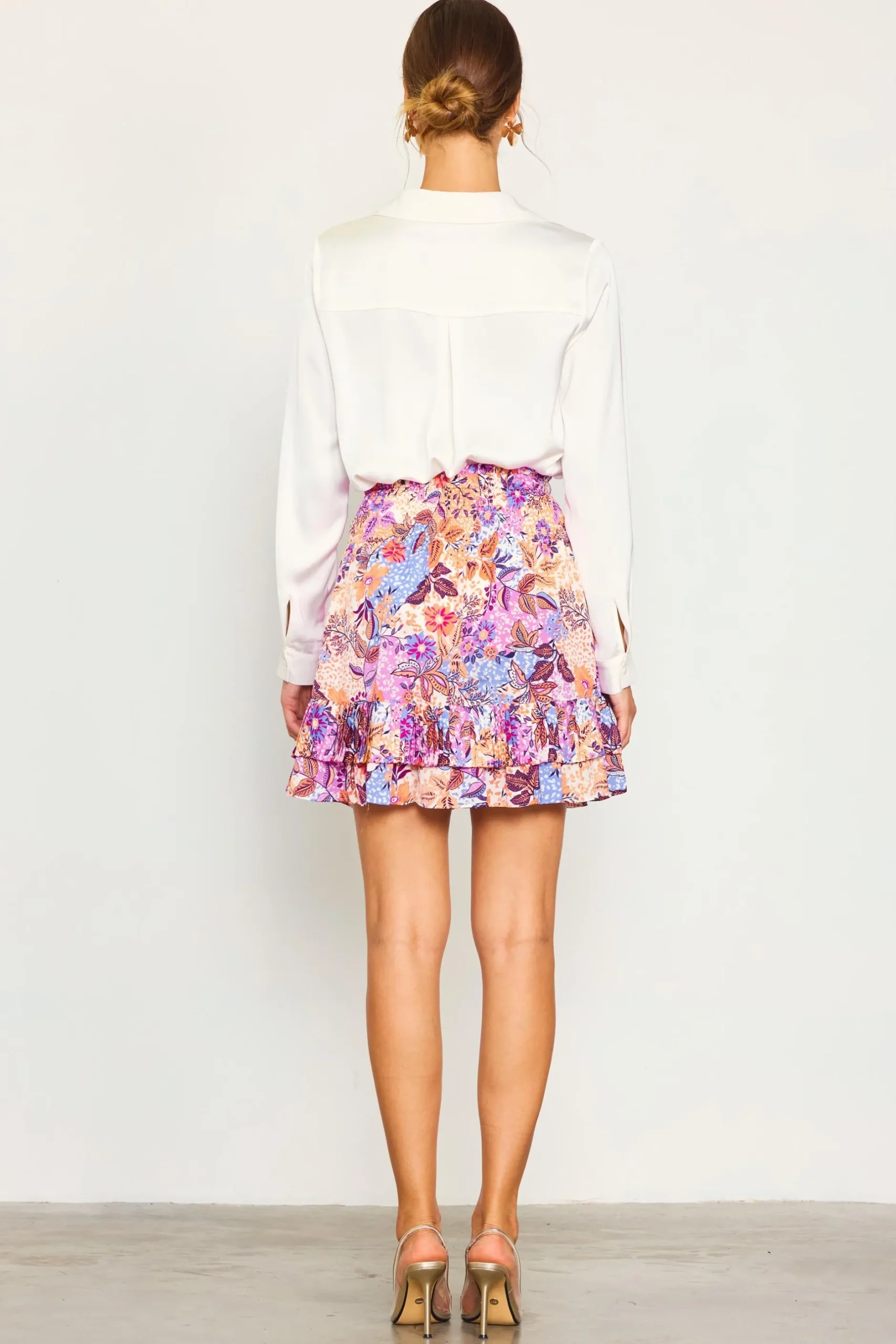 SKIES ARE BLUE Skirts*Dahlia Print Smocked Mini Skirt Mauve-cream