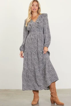 SKIES ARE BLUE Maxi Dresses*Dainty Floral Print Ruffle Trim Maxi Dress Black-ivory