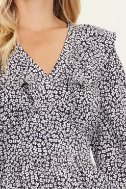 SKIES ARE BLUE Maxi Dresses*Dainty Floral Print Ruffle Trim Maxi Dress Black-ivory