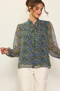 SKIES ARE BLUE Blouses|Long Sleeve Tops*Daisy Print Neck Tie Blouse Multitone-floral