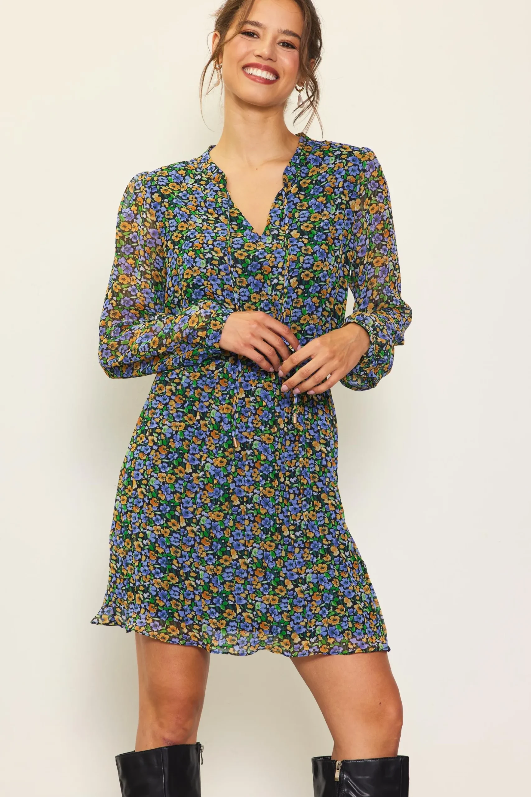 SKIES ARE BLUE Mini Dresses*Daisy Print Pleated Mini Dress Multitone-floral
