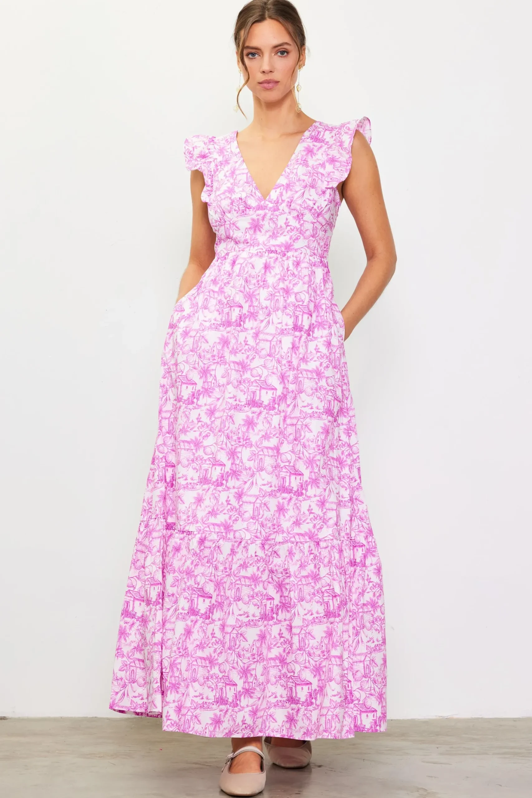 SKIES ARE BLUE Maxi Dresses*Daphne Floral Print Ruffled Maxi Dress Pinkmagnolia