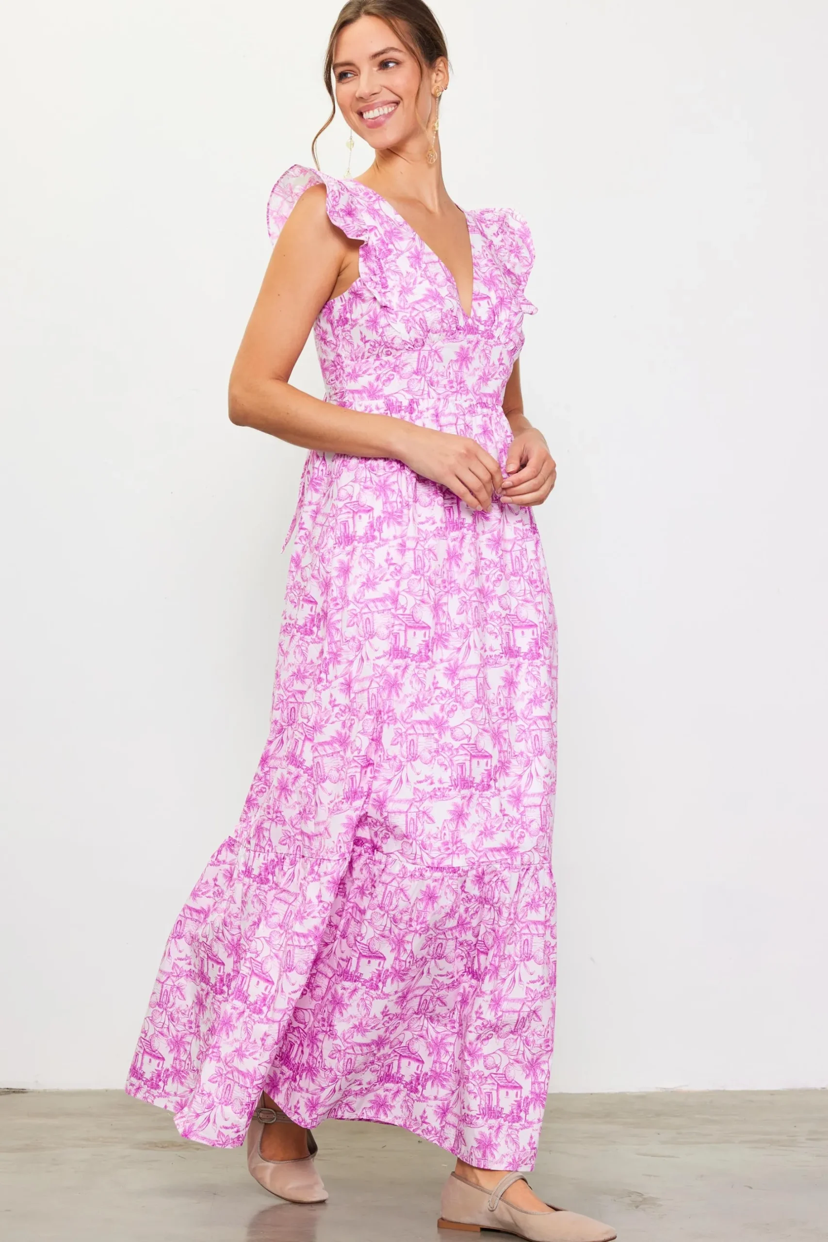 SKIES ARE BLUE Maxi Dresses*Daphne Floral Print Ruffled Maxi Dress Pinkmagnolia
